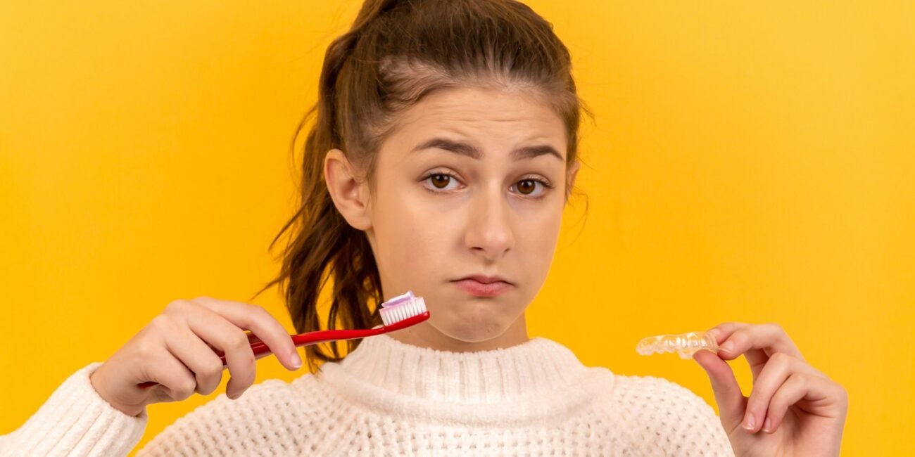 woman in white knit sweater holding red pen